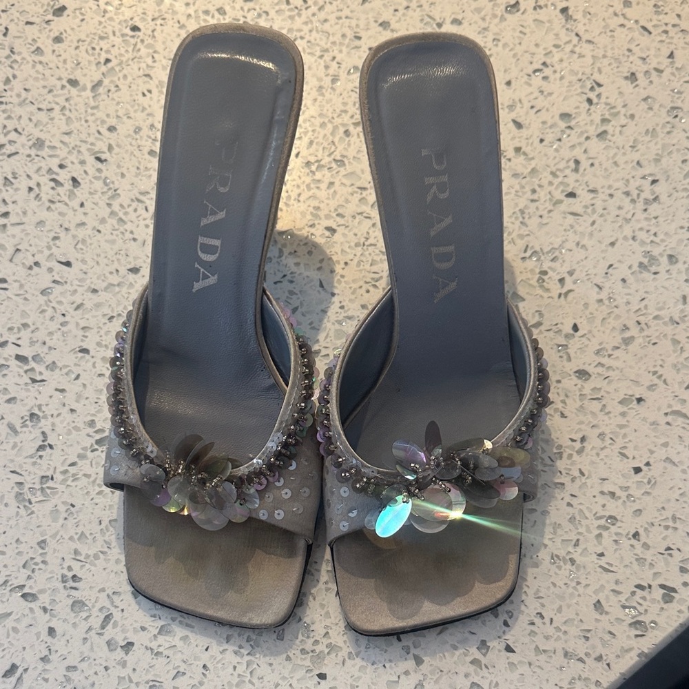 Prada Silver Embellished Mules